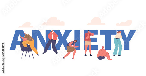 People Experience Anxiety Concept. Men And Women With A Sense Of Worry Or Unease, Cartoon Vector Poster, Banner Or Flyer