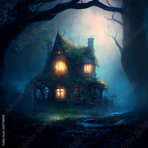 A magical house in a dark misty forest with dramatic phantasmal iridescent lighting, ai generated
