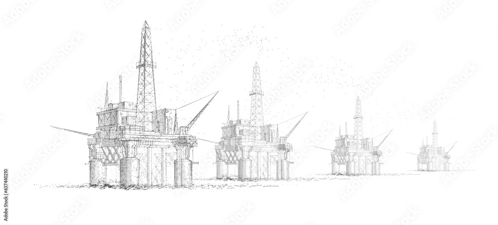 Oil rigs. Abstract 3d floating rig platforms isolated on blue. gas platform, offshore drilling, refinery plant, petroleum industry