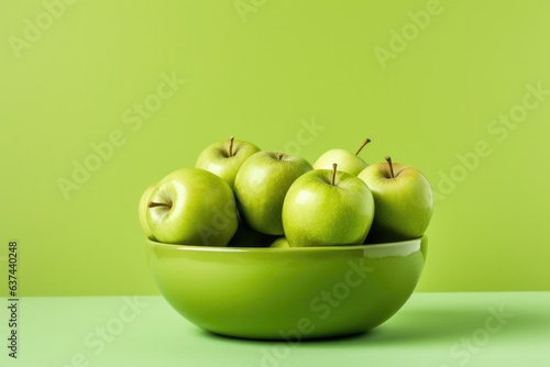 Green apples in bowl on green background.