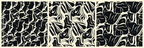 Seamless pattern, liquid texture with stains, ink streaks in monochrome. Abstract background graphic design: black curves, stripes on white. Vector illustration, repeat surface decor.