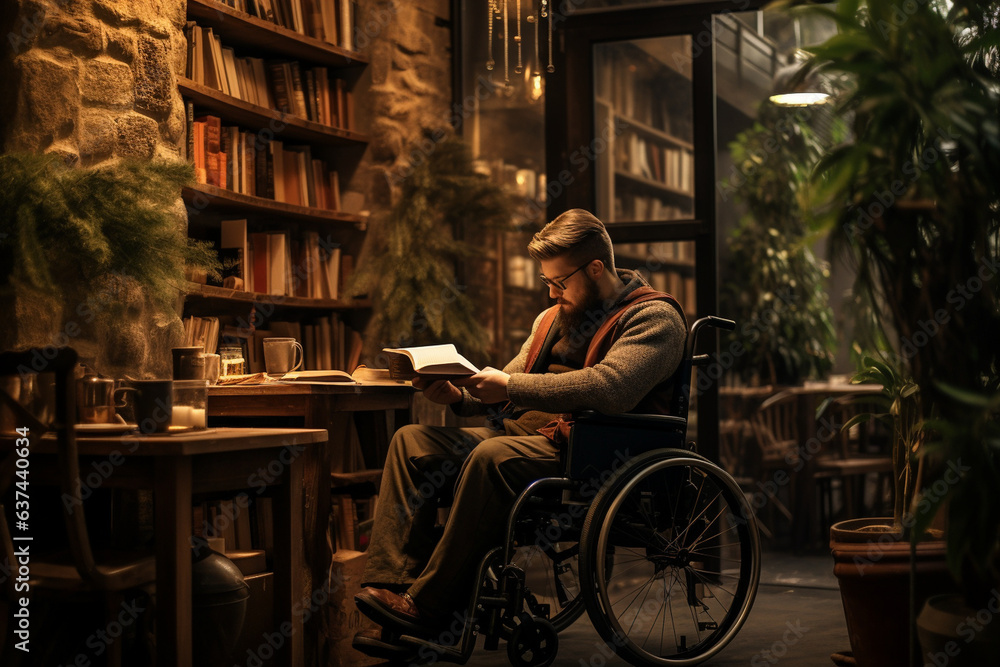 In a cozy cafe, a man in a wheelchair savors a cup of coffee, surrounded by rustic brick walls and shelves lined with vintage books. 