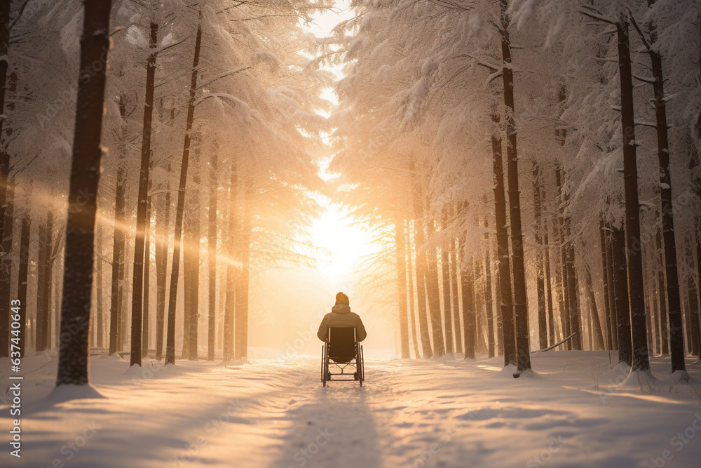 Amidst a snowy wonderland, a man in a wheelchair glides through a forest of pine trees, with sunlight filtering through the frosty branches. Amidst a snowy wonderland, a man in a wheelchair glides through a forest of pine trees, with sunlight filtering through the frosty branches.