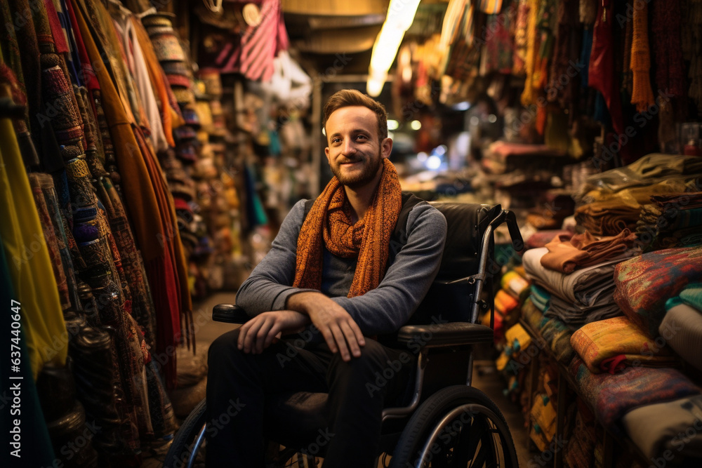 In a bustling marketplace, a man in a wheelchair explores stalls filled with exotic spices, fabrics, and colorful goods from around the world. 