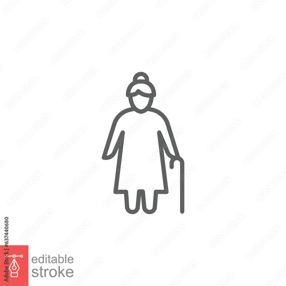 Old woman icon. Simple outline style. Person with cane, stick, elder, lady, granny, senior people concept. Thin line symbol. Vector illustration isolated on white background. Editable stroke EPS 10. Old woman icon. Simple outline style. Person with cane, stick, elder, lady, granny, senior people concept. Thin line symbol. Vector illustration isolated on white background. Editable stroke EPS 10.