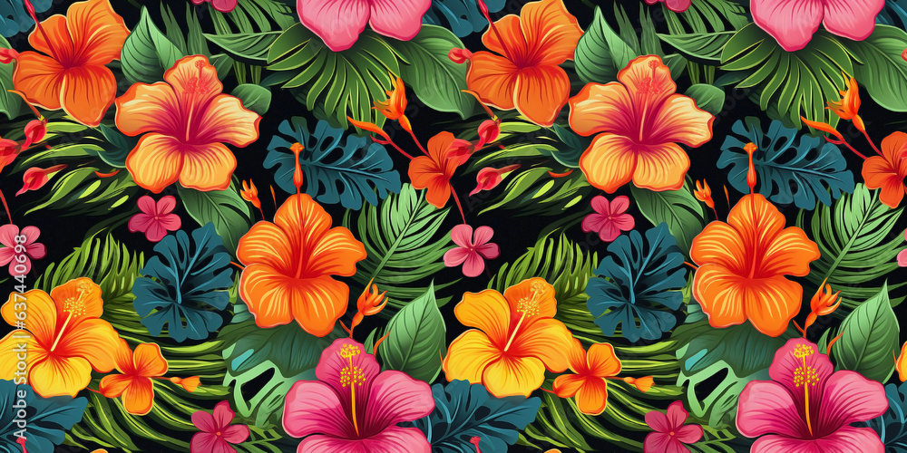 Seamless pattern of Hawaiian hibiscus florals in vibrant colors. Concept: Bold tropical island motifs