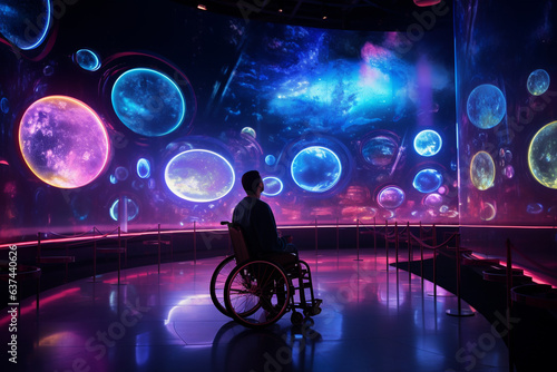 A man in a wheelchair explores a futuristic museum, surrounded by holographic exhibits and interactive displays that light up the space. 