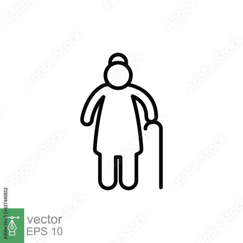 Old woman icon. Simple outline style. Person with cane, stick, elder age, lady, granny, senior people concept. Thin line symbol. Vector illustration isolated on white background. EPS 10. photo