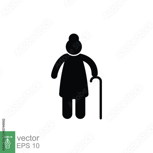 Old woman icon. Simple solid style. Person with cane, stick, elder age, lady, granny, senior people concept. Black silhouette, glyph symbol. Vector illustration isolated on white background. EPS 10.