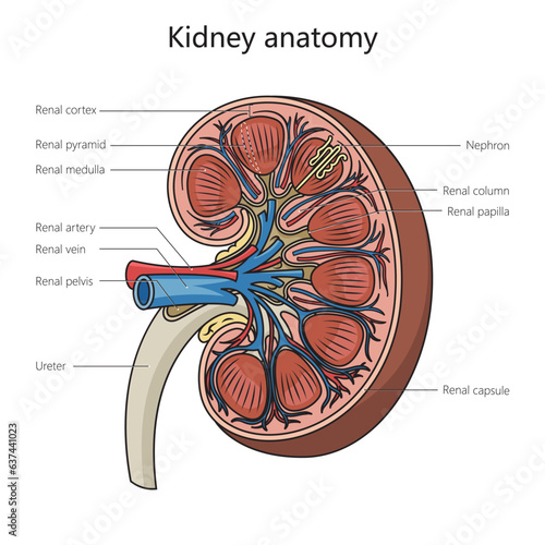 Human kidney anatomy structure diagram schematic vector illustration. Medical science educational illustration