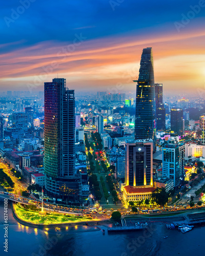 Panoramic of Ho chi minh city or Saigon city at twilight in Vietnam.