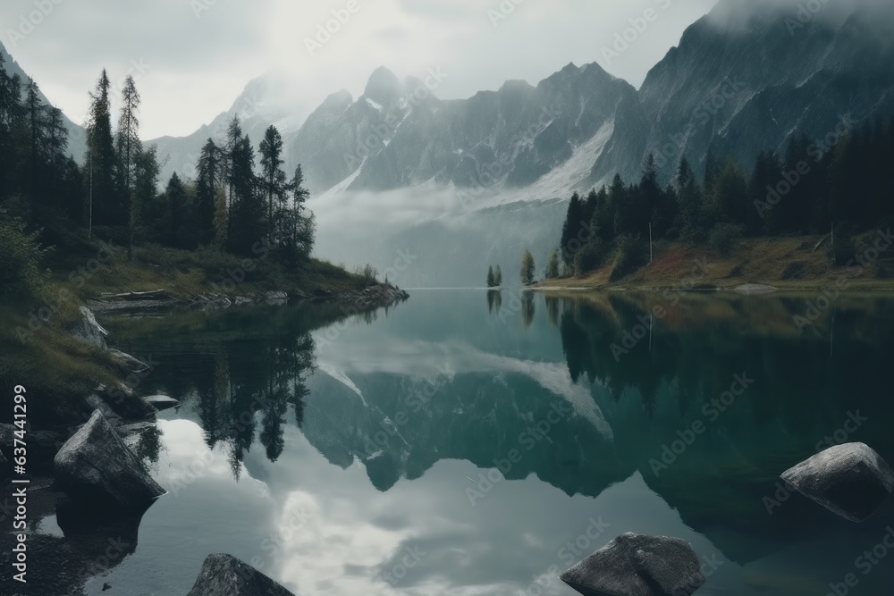 Naklejka premium A serene lake nestled among majestic mountains and towering trees