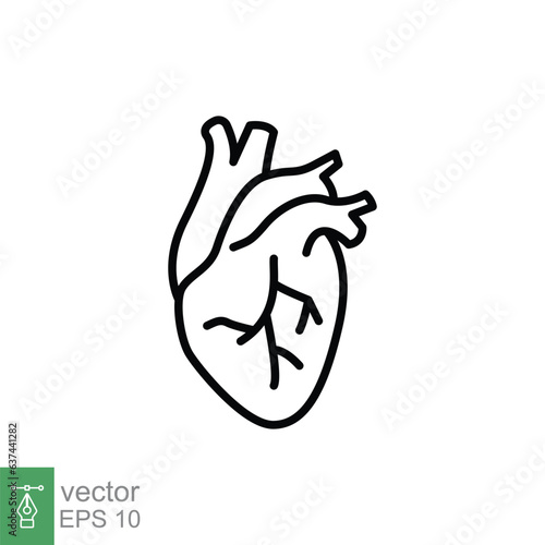 Human heart icon. Simple outline style. Internal organ, real, cardiology, cardiac anatomy, medical concept. Thin line symbol. Vector illustration isolated on white background. EPS 10.