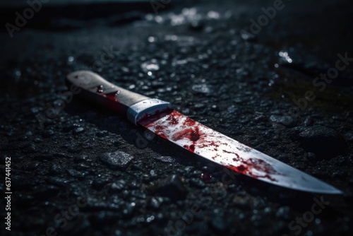 Close-up of a bloody knife lying on the ground © thejokercze