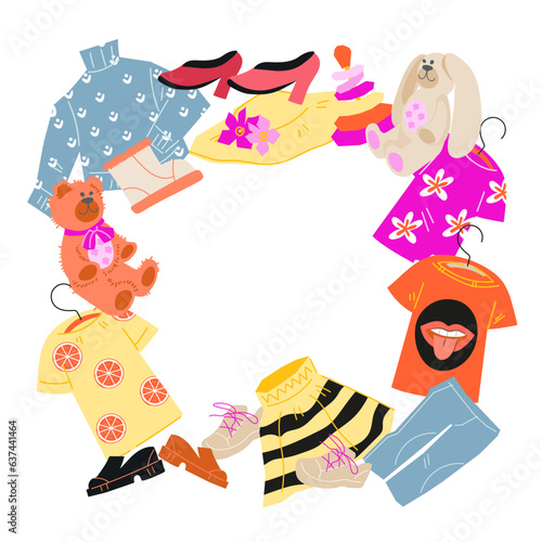 Clothes and shoes form a round frame. Design element for sales and shops, swap party flat vector illustration isolated on a white background.