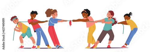 Children Characters Play Tug Of War, Spirited Team Game Where Opposing Groups Pull On Opposite Ends Of A Rope