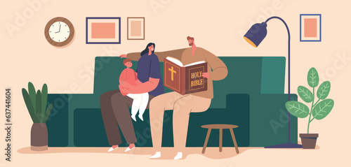 Christian Family Characters Gathered Around, Engrossed In Reading The Bible. Their Faces Radiate Devotion And Unity