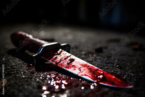 Close-up of a bloody knife lying on the ground