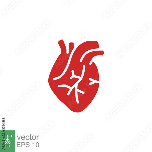 Red human heart icon. Simple solid, flat style. Internal organ, real, cardiology, cardiac anatomy, medical concept. Silhouette, glyph symbol. Vector illustration isolated on white background. EPS 10.