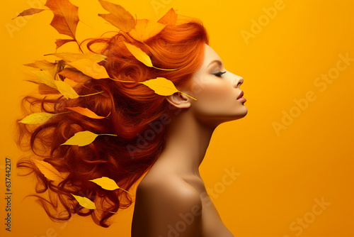 Generative AI picture of attractive redhead woman model symbolizing autumn season over background photo
