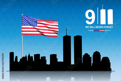 New York skyline silhouette with Twin Towers. 09.11.2001 American Patriot Day banner. EPS10 vector