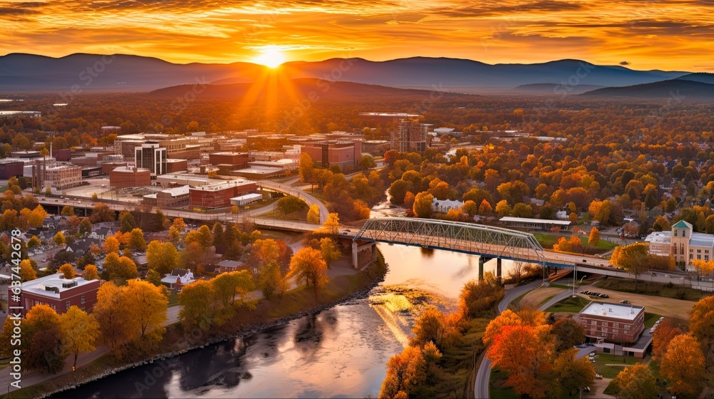 Aerial View of Lynchburg Virginia Sun Rising Over Downtown Skyline