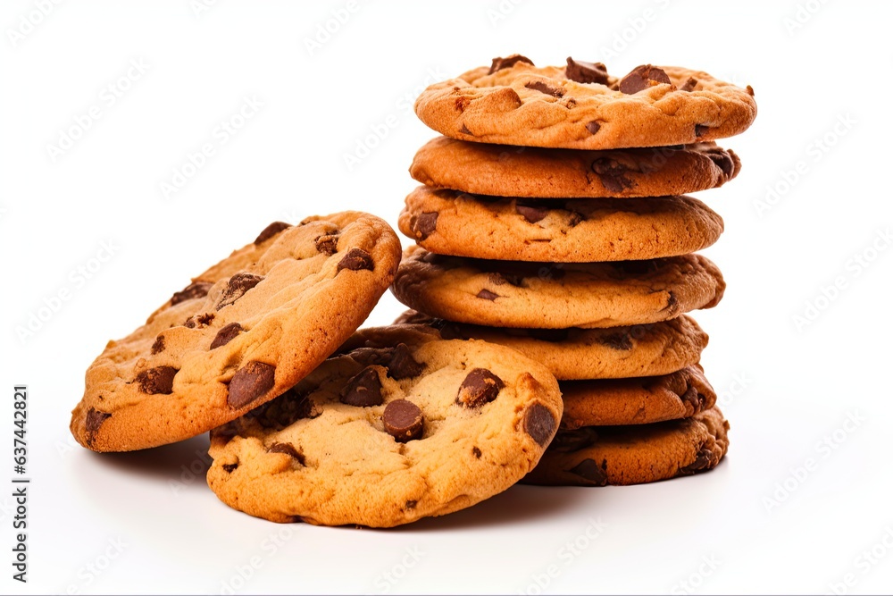 Delicious Cookies Stack Piled High on White Background. Fun Homemade Dessert or Snack of Chocolate Chip Cookies, Loaded with Sugar: Generative AI