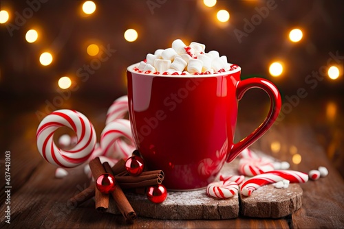 Closeup Cup of Hot Chocolate with Candy Cane in Christmas Setting. Perfect Holiday Comfort with Cocoa, Marshmallow, and Festive Candy Cane: Generative AI