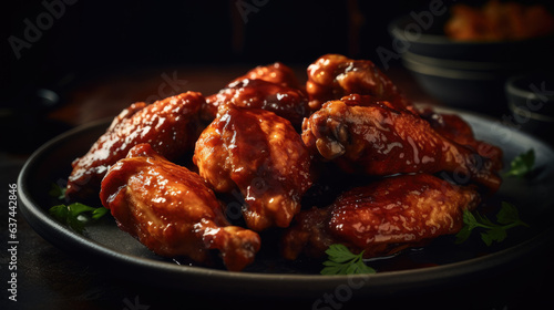 Grilled sticky chicken wings on plate over dark background. Buffalo chicken wings with sauce. Close up view.