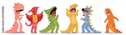 Adorable Children Boys And Girls Characters Dressed As Dinosaurs, Bringing Prehistoric Fun To Life. Colorful Costumes