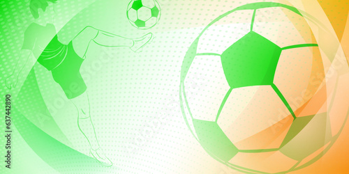 Soccer background with a football player kicking the ball and other sport symbols in national colors of Ireland