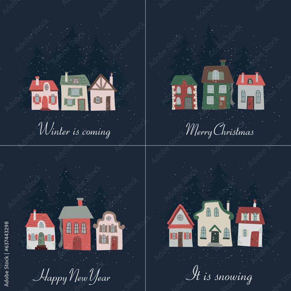 A set of Christmas and New Year cards. Postcards with cute houses. Snow village. Winter and winter pictures