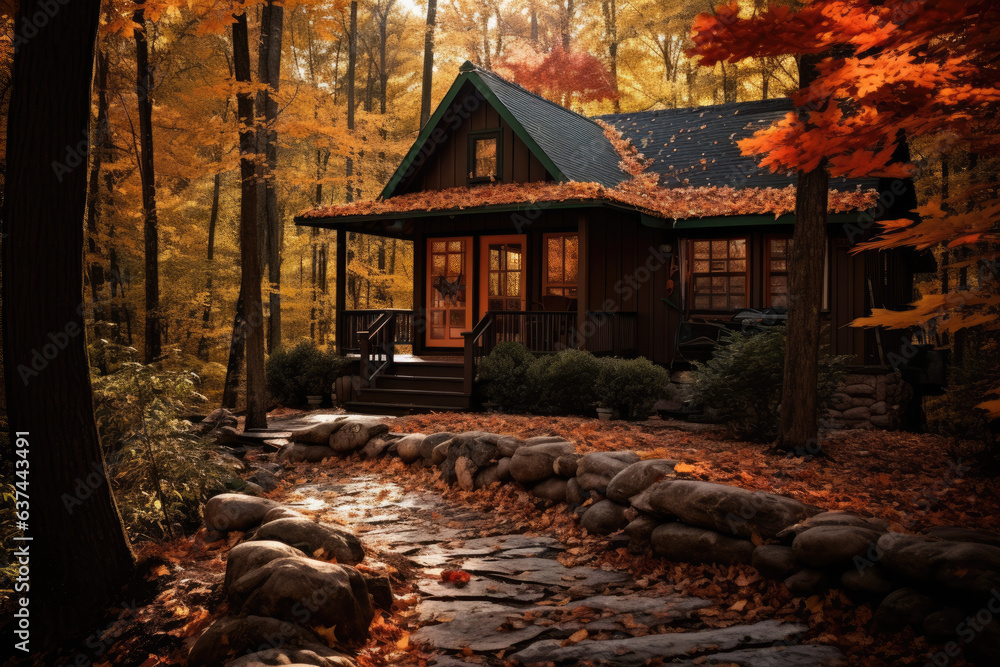 Cozy cabin in the woods, surrounded by autumn foliage Cozy cabin in the woods, surrounded by autumn foliage