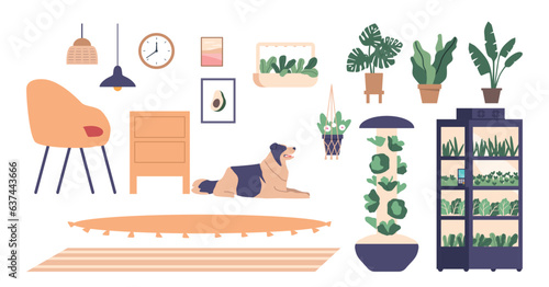 Set of Icons with Home Interiors Items and Equipment for Cultivation Fresh Greens and Herbs Indoors, Vector Illustration