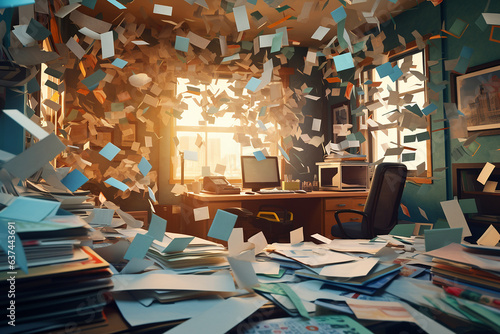 Workplace of an office clerk with a lot of papers. Overworking concept. Papers and stickers with reminders fly randomly in the air. Deadline chaos.