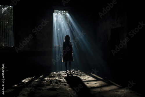 Dark room with a single source of light illuminating a mysterious silhouette near a broken window