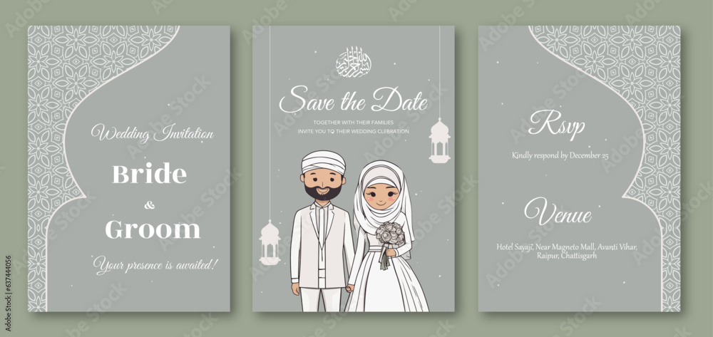 Islamic wedding invitation template with cute couple Stock Vector