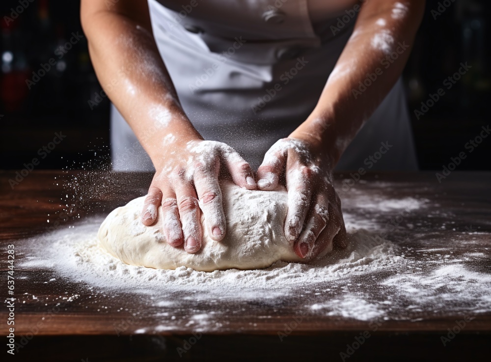 A Close-up View of a Female Baker's Hands Skillfully Kneading Dough on a Black Surface Dusted with Flour