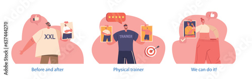 Isolated Elements with Male Female Characters Perform Before and After Weight Loss Transformation, Boosting Confidence