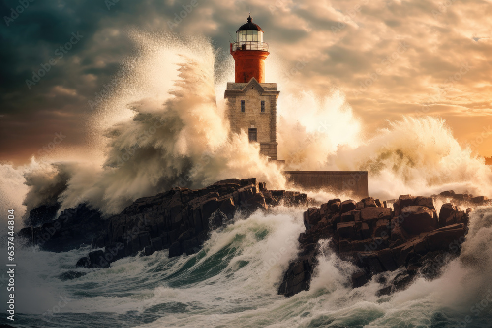 Giant wave breaking over a lighthouse on a rocky shore
