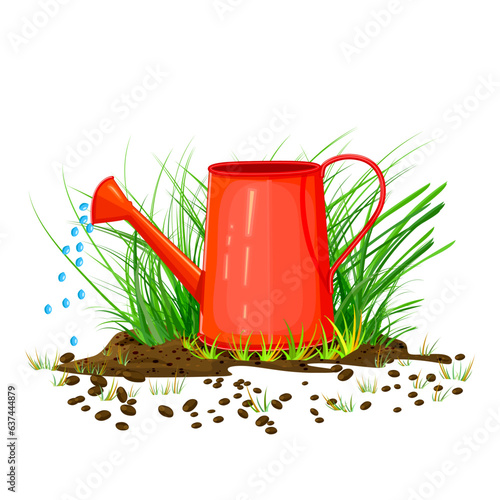 Grass and watering can isolated on white background. Watering pot stand on grass bush. Seasonal garden equipment concept. Watering the young plants from watering can. Stock vector illustration