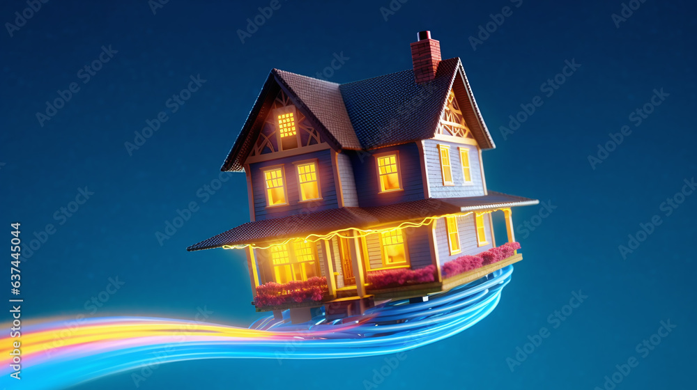 High speed home internet connection wifi concept. Flying house with optic fiber internet speed power - obrazy, fototapety, plakaty 