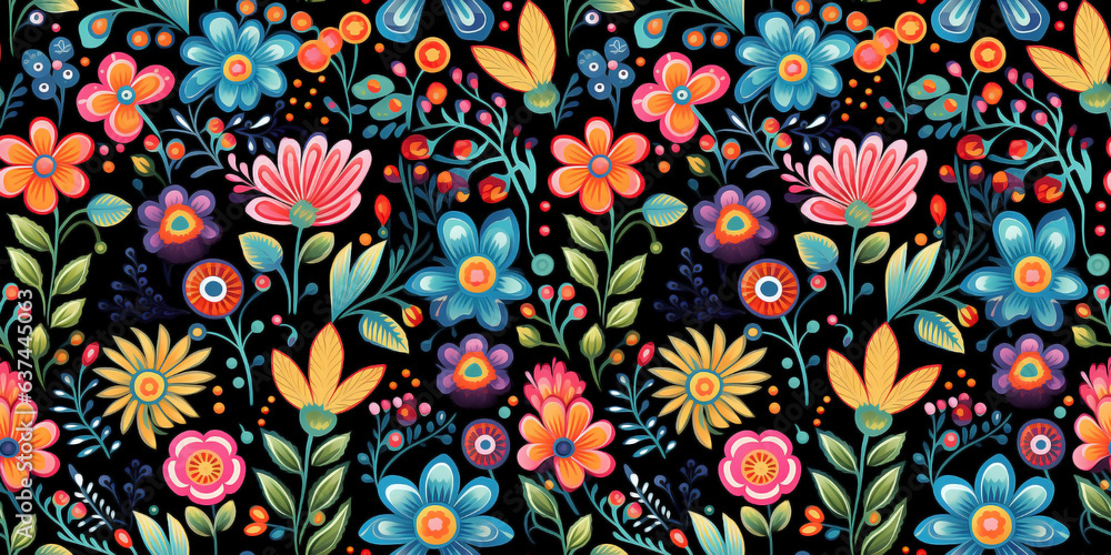 Wildflowers in brilliant colors seamless pattern on shadowy backdrop. Concept: Vivid natural florals on deep dark background Wildflowers in brilliant colors seamless pattern on shadowy backdrop. Concept: Vivid natural florals on deep dark background