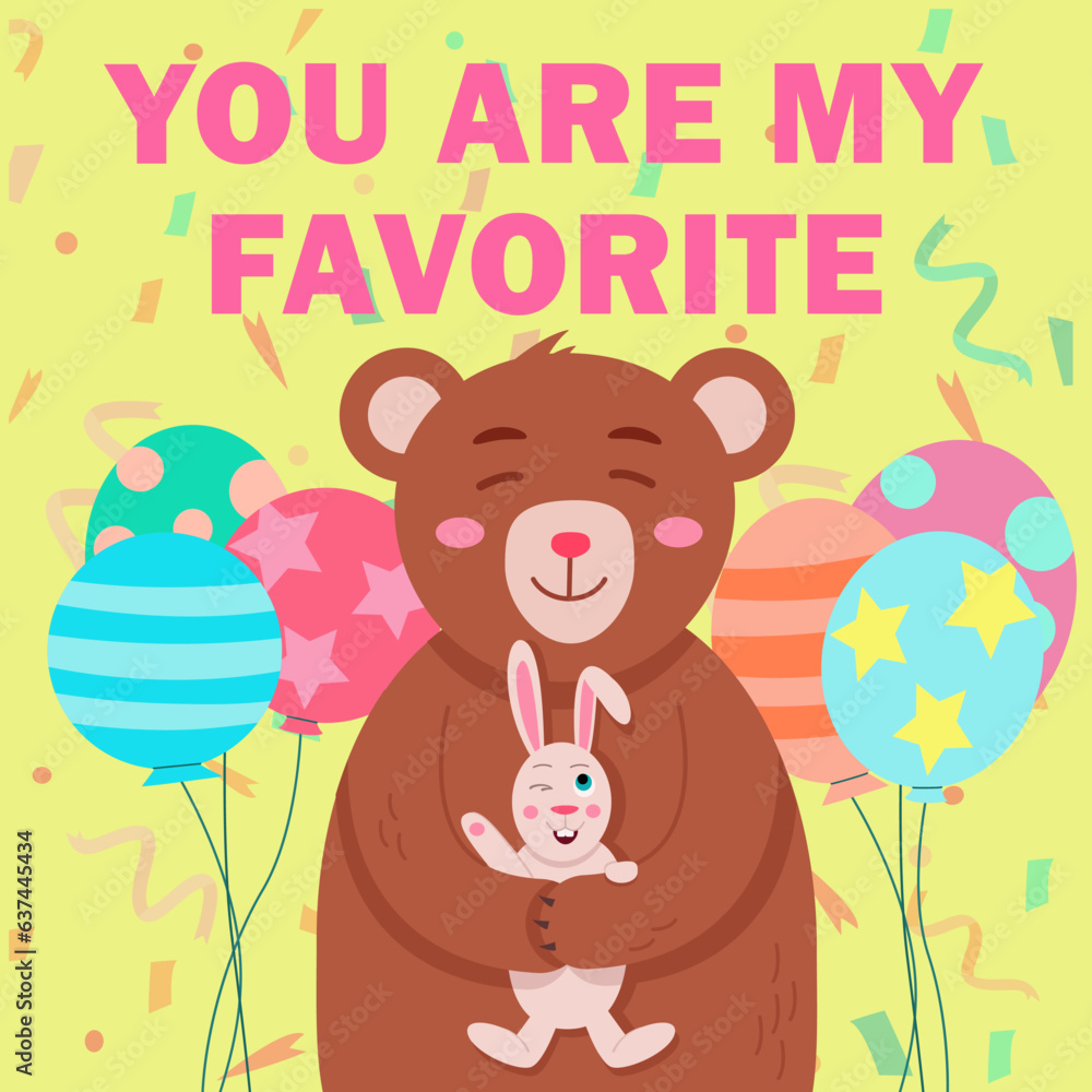 Cute holiday card with animals, rabbit and bear, vector illustration Cute holiday card with animals, rabbit and bear, vector illustration