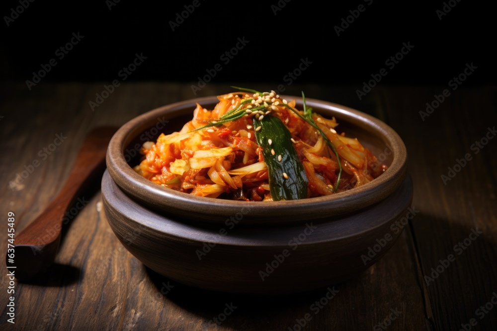 Kimchi in bowl on wooden counter top. Kimchi in bowl on wooden counter top.