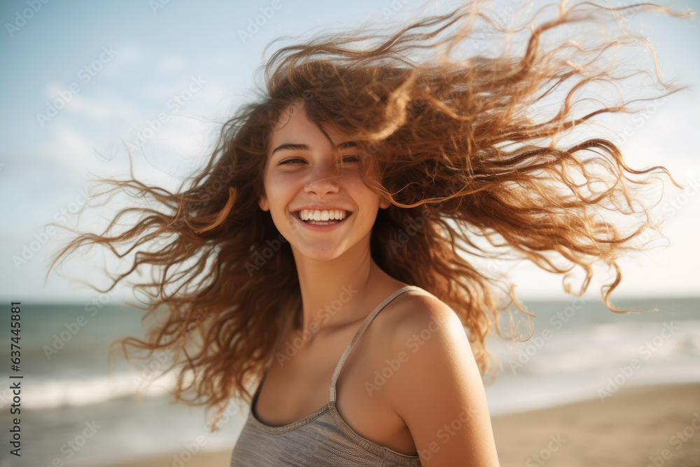 A girl with her hair blowing in the wind while sailing on a boat, surrounded by blue ocean and white clouds A girl with her hair blowing in the wind while sailing on a boat, surrounded by blue ocean and white clouds