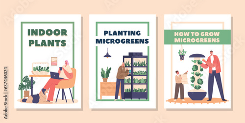 Banners with Characters Engage in Home Gardening, Cultivating Greenery and Microgreens Indoors, Vector Illustration