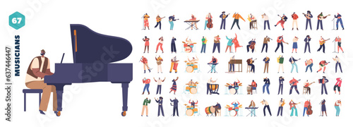 Set of Musician Characters Playing Grand Piano, Guitar, Banjo and Saxophone. Singing with Microphone, Cartoon People