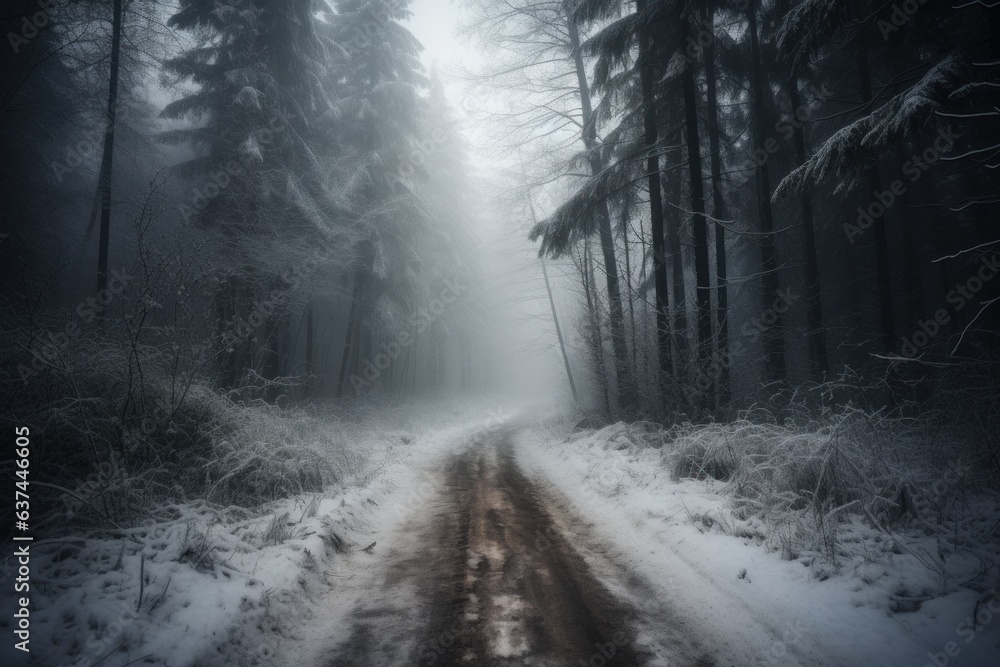 A serene winter road through a snowy forest