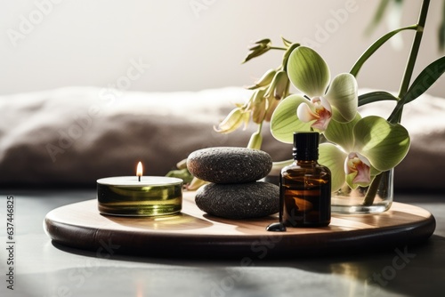 Tranquility mood Spa or beauty salon table top objects still life.